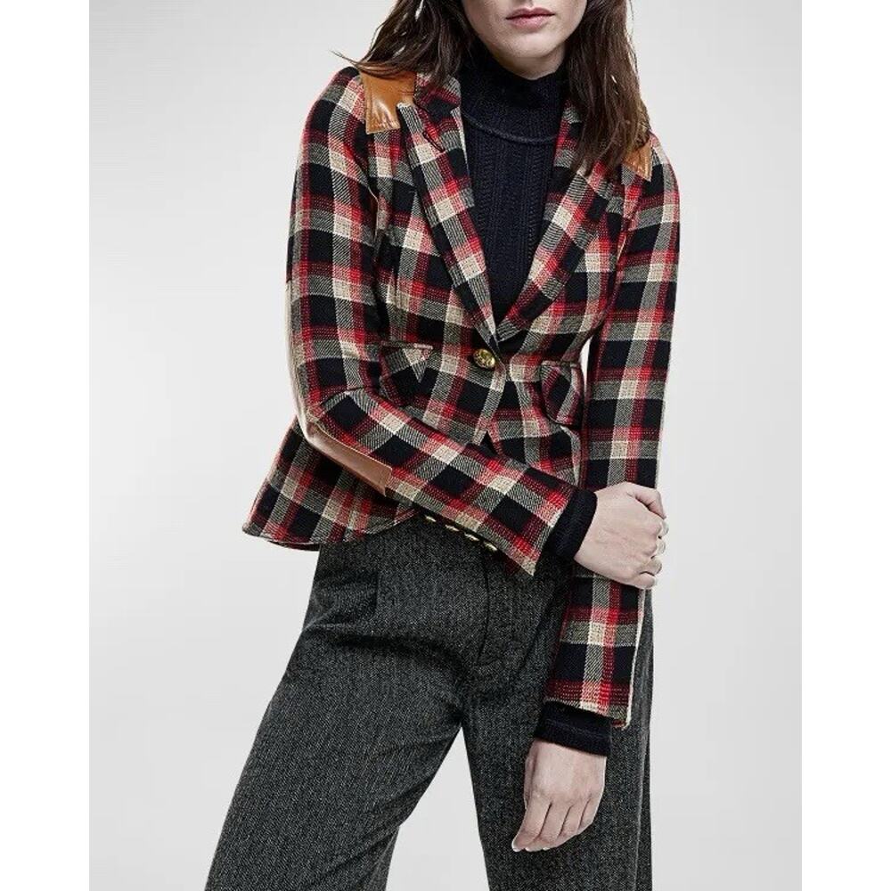 Smythe Plaid Leather Elbow Patch Wool Blazer Size 8